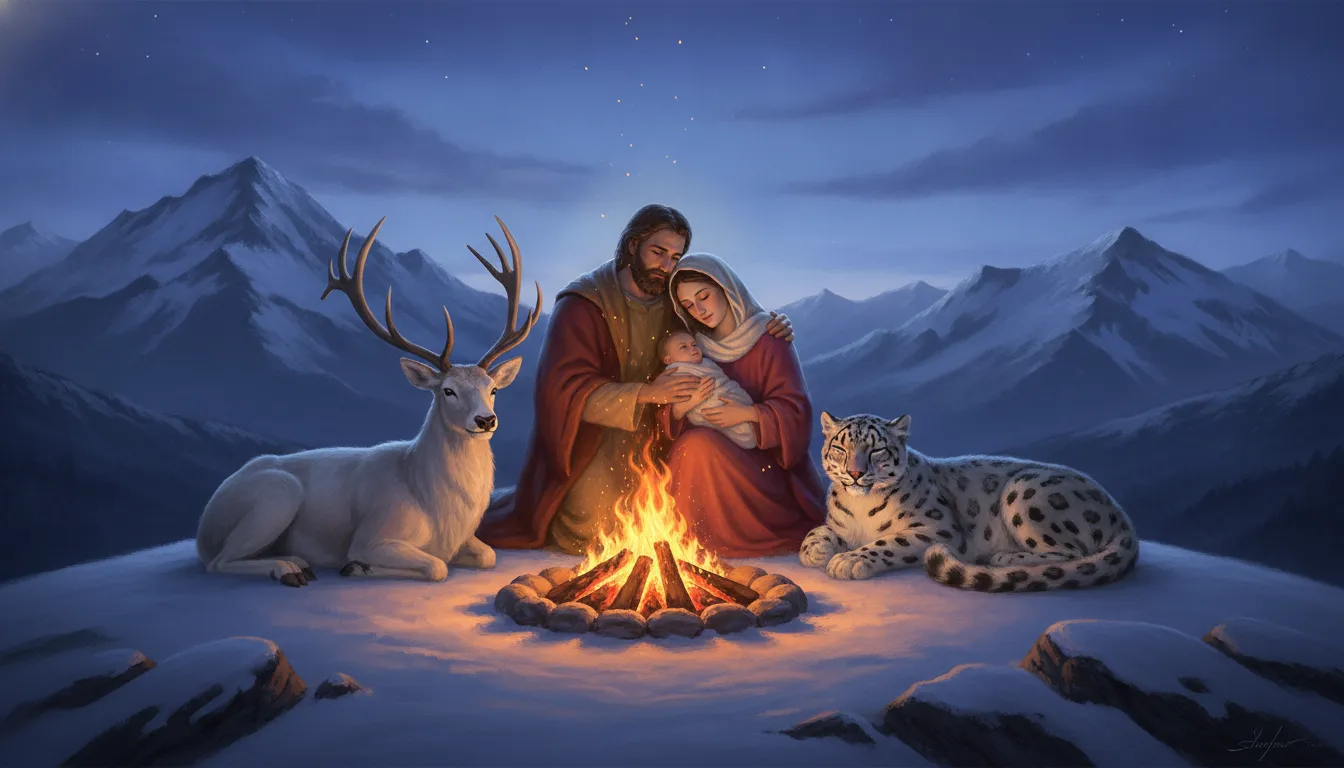 Holy family and sacred animals sitting around a warm campfire in snowy mountains