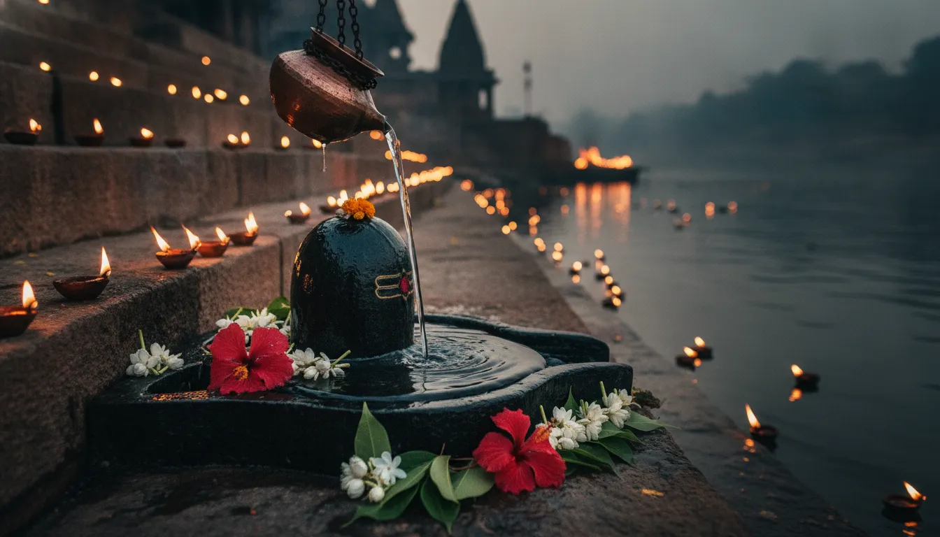 Spiritual evening Ganga river water flowing over a beautifully decorated Shivling on the ghats of Varanasi.