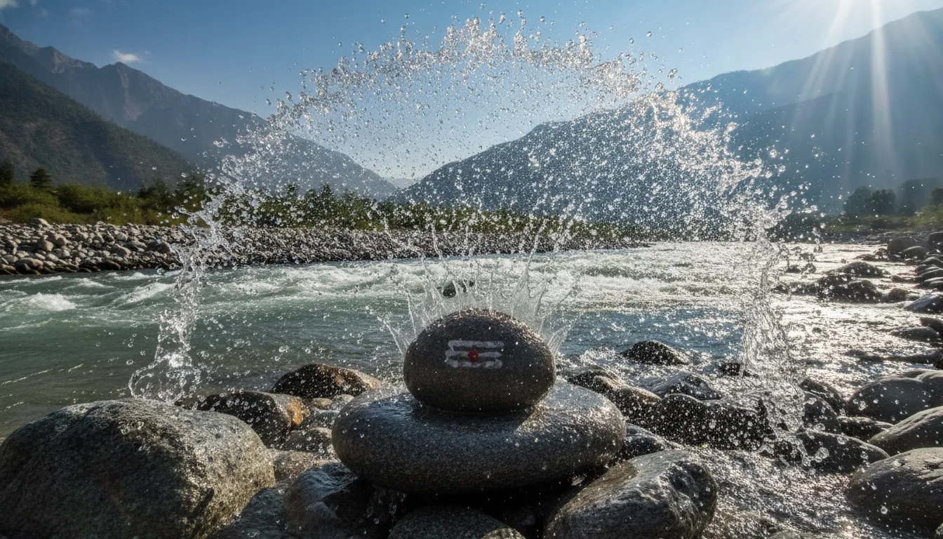 Action shot of clear river water splashing over a sacred Shivling on the banks of a river.