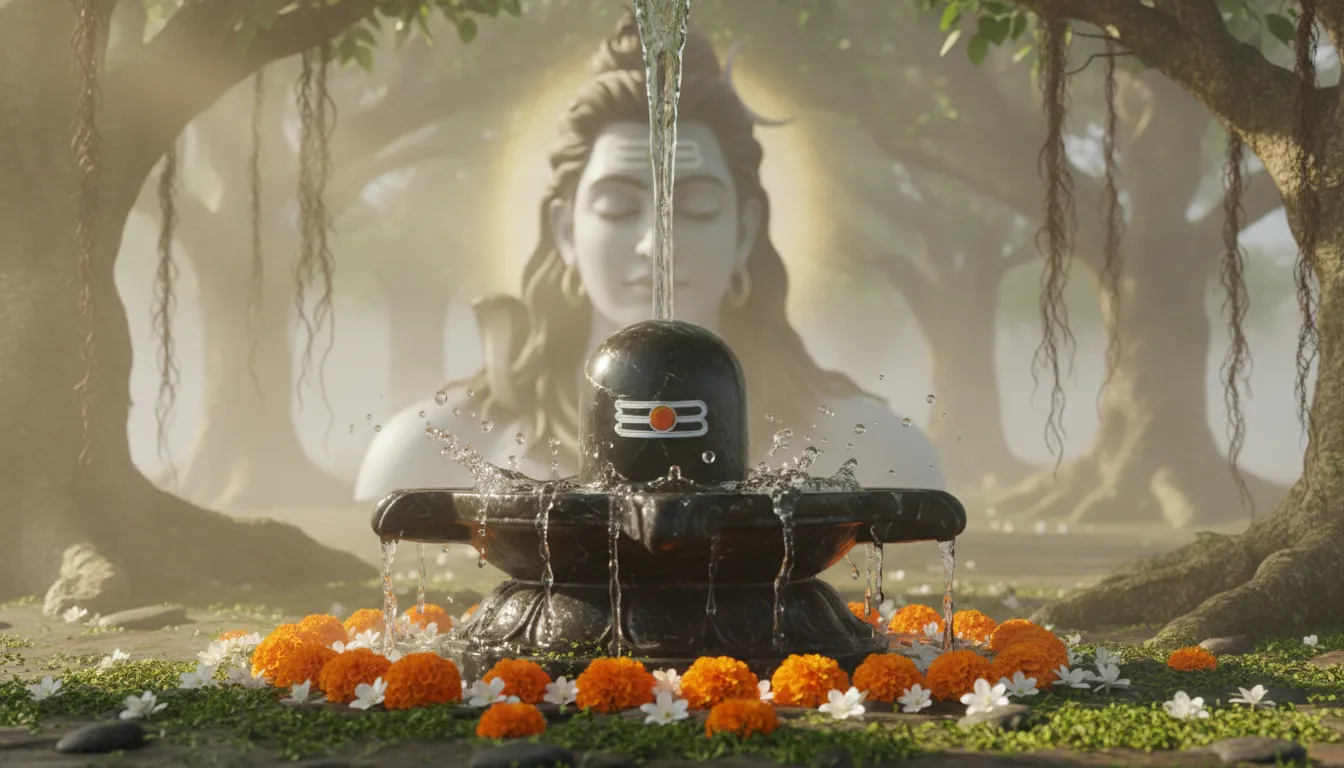 3D graphic of the holy River Ganga flowing from Lord Shiva's hair down onto a black stone Shivling.