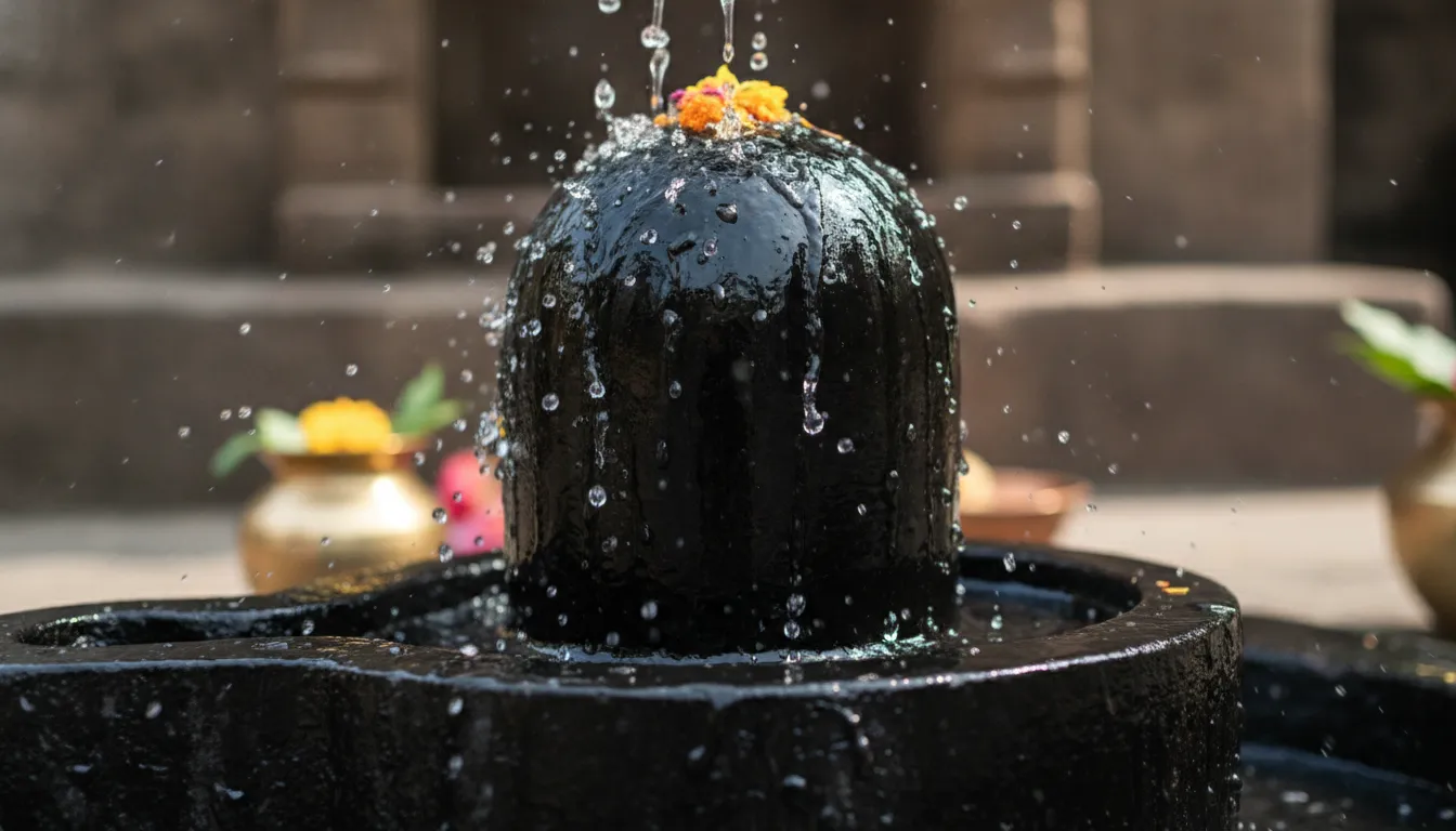 Continuous water splash over sacred shivling images for whatsapp dp representing holy ganga jal abhishek ritual.