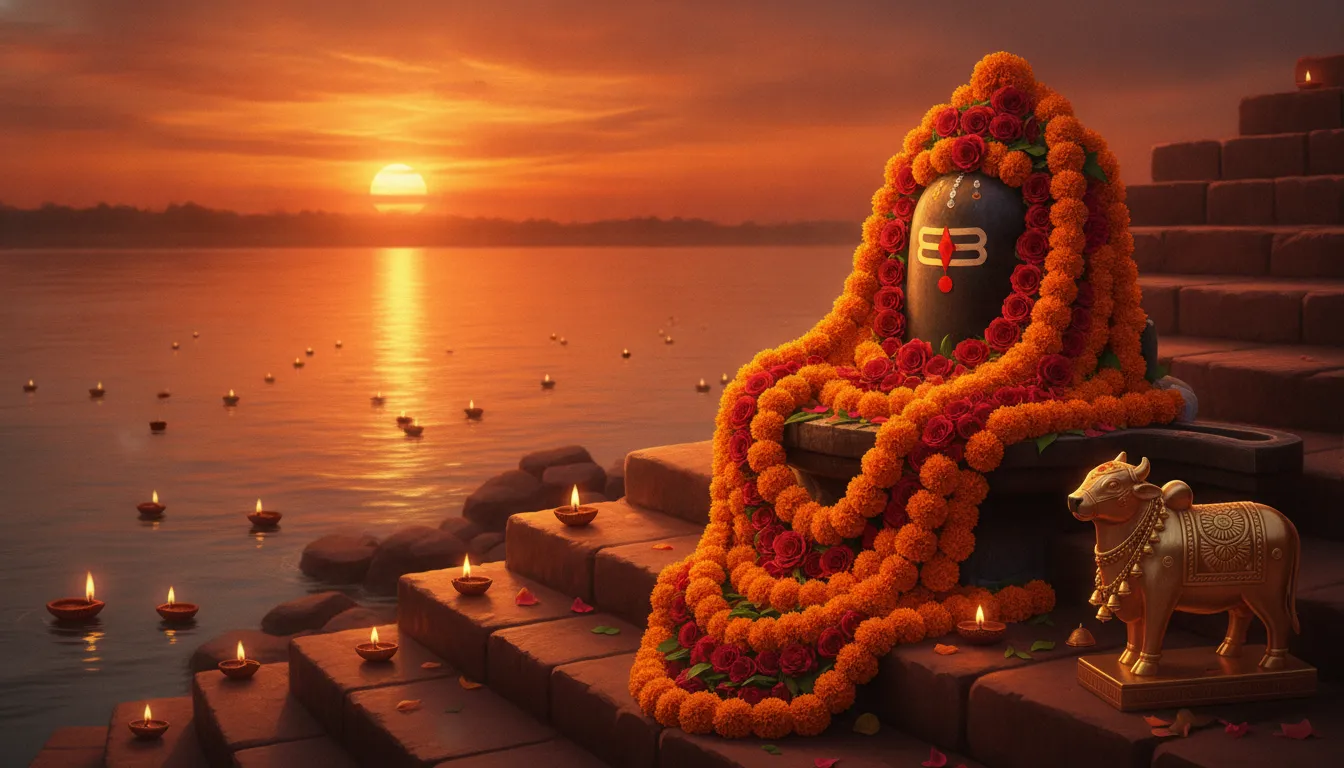 Evening Aarti theme Lord Shivling with Nandi HD image on the banks of River Ganga.