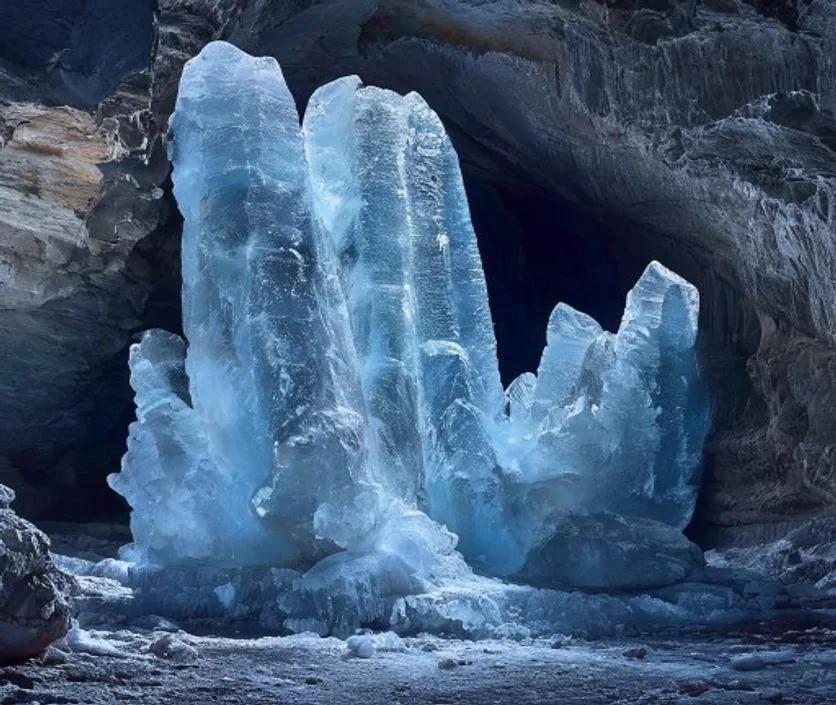 A natural ice shiv shivling image formed inside a sacred mountain cave with glowing light.