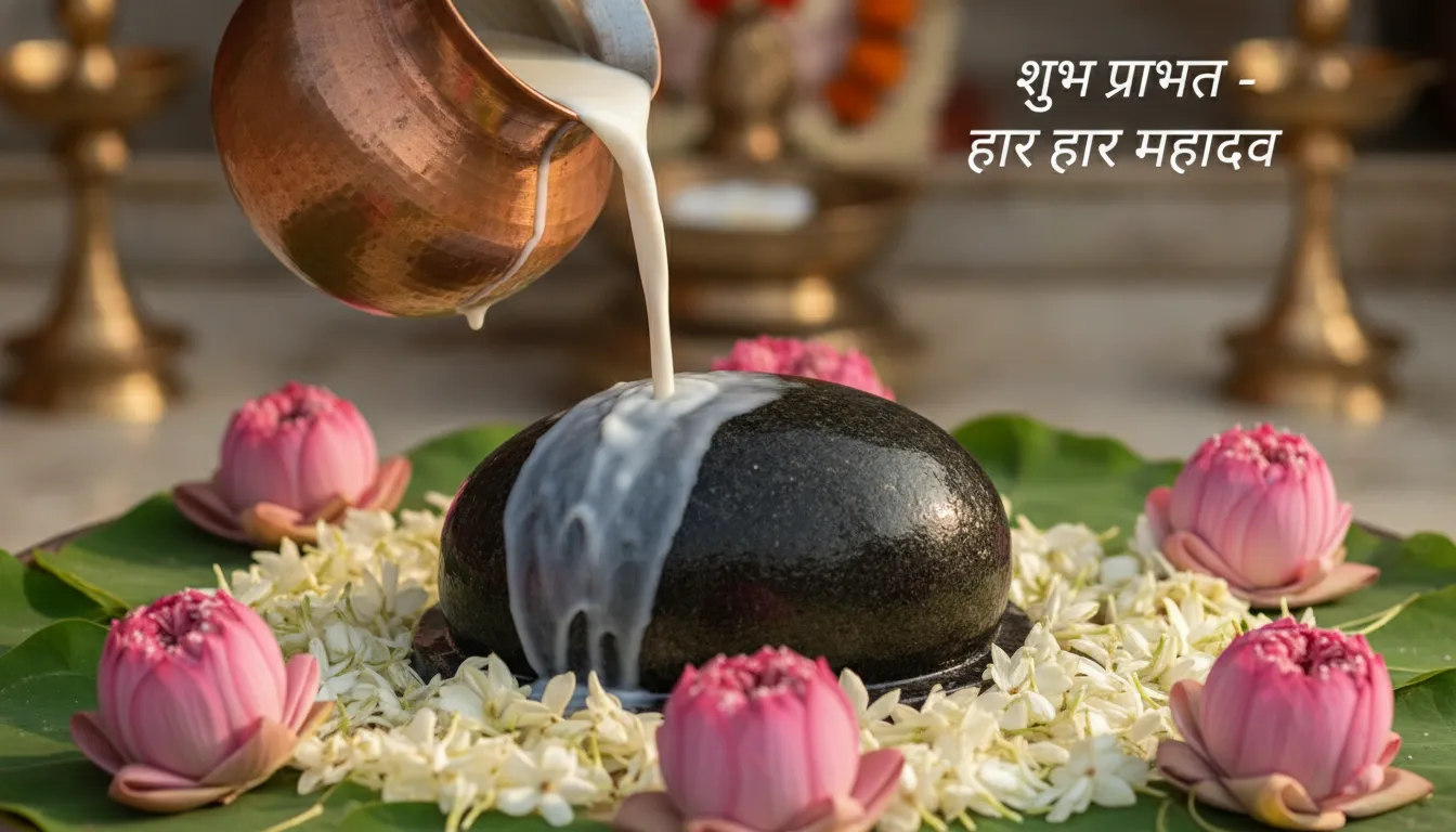 Close-up shot of a traditional ritual pouring milk over a sacred Shivling with a morning greeting.