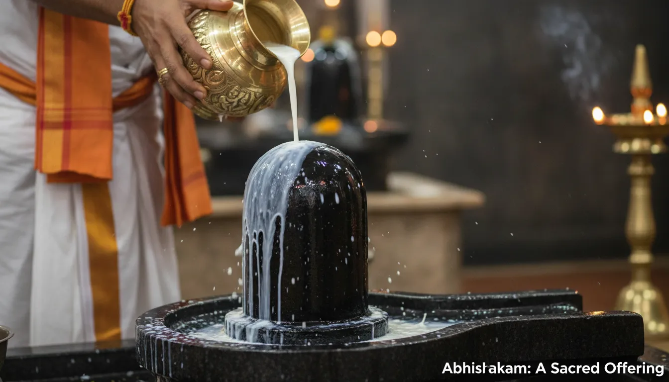 A close up action shot image of shivling hd during a traditional milk pouring abhishekam ritual.
