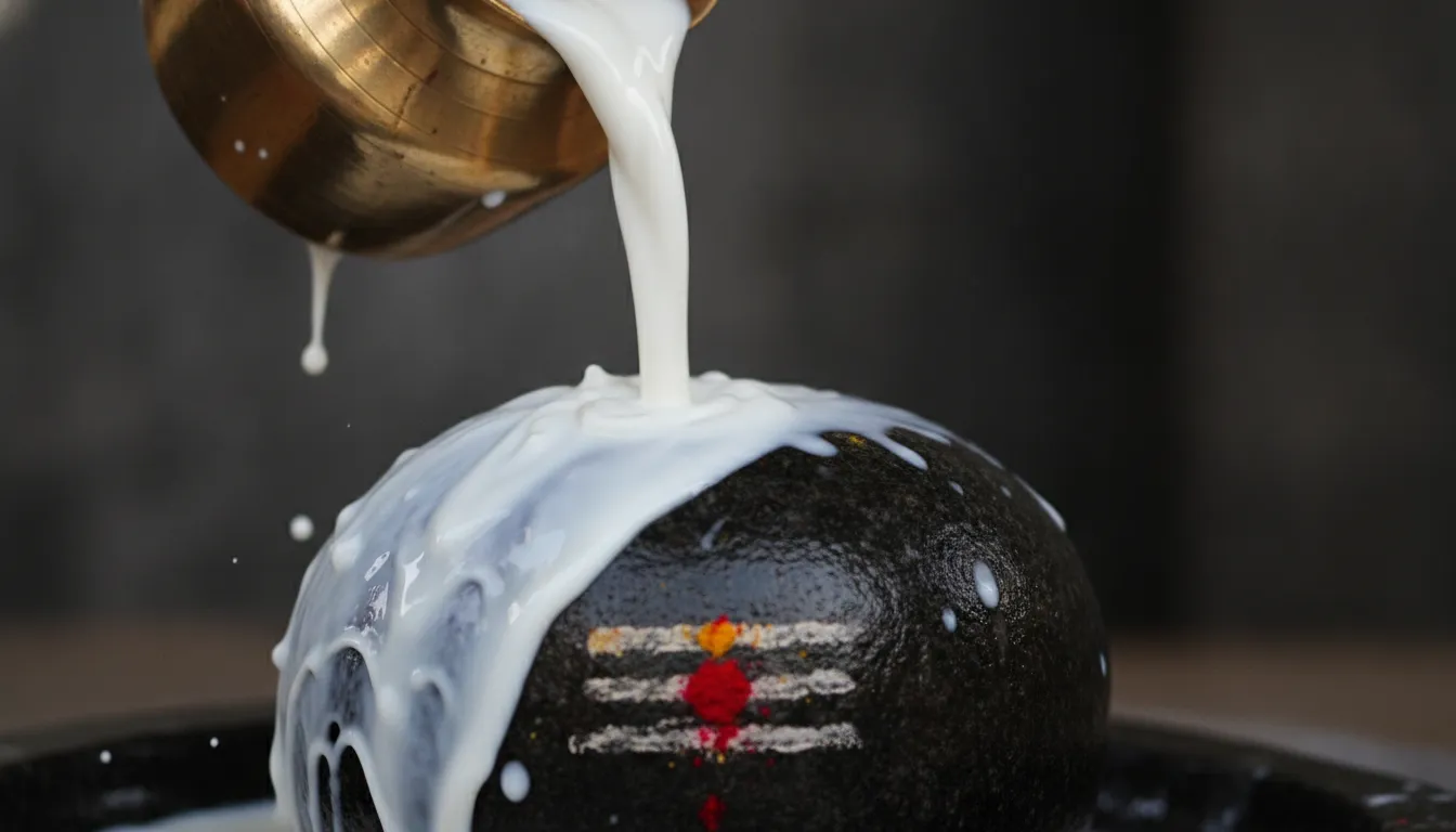 Full hd images of shivling during a holy milk abhishekam ritual with white liquid pouring smoothly over dark black stone.