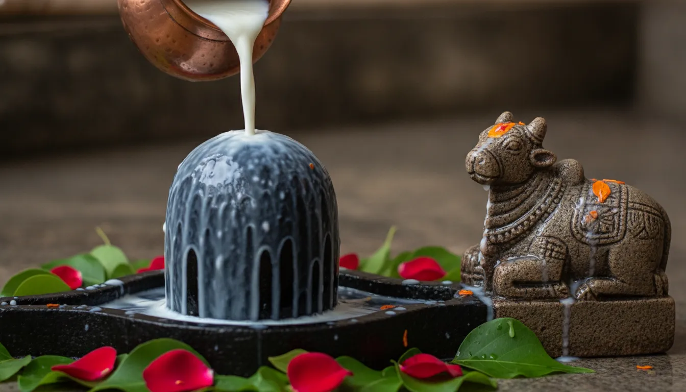 Ritualistic Lord Shivling with Nandi HD image showing milk and water offering.