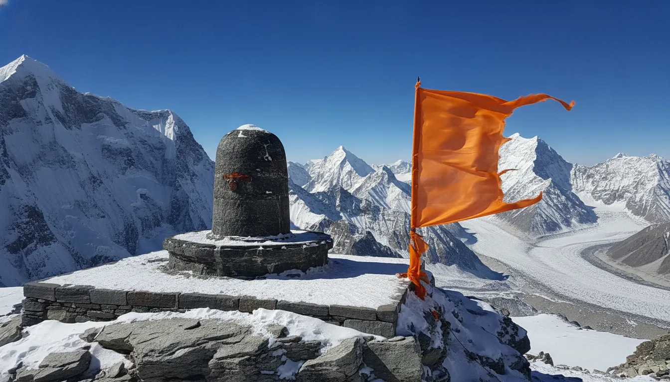 A sacred stone Shivling positioned high up on a snow-covered mountain cliff against white peaks.