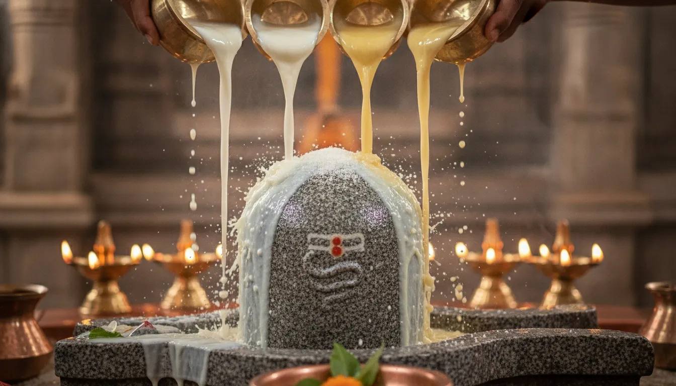 Detailed high-resolution photo of traditional Panchamrut mixture being gently poured over a textured stone Shivling