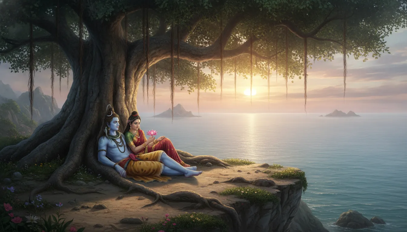 Lord Shiva and Parvati resting under a banyan tree near the ocean at sunset