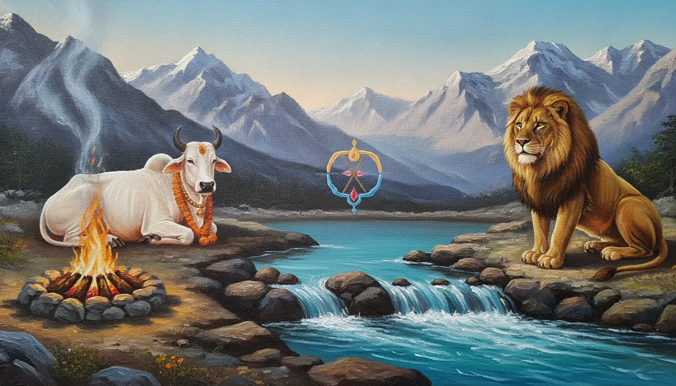 Sacred fire dhuni and flowing Ganges river near Shiva family