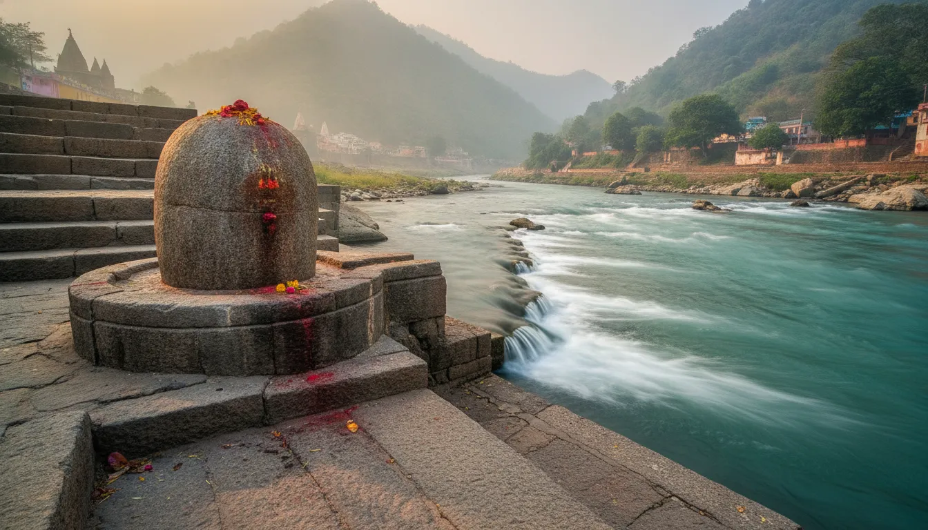 Large stone Shivling situated on the rocky banks of flowing River Ganga
