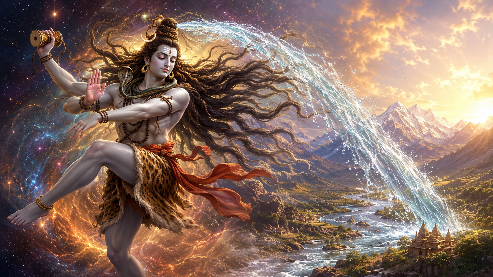 Lord Shiva Nataraja cosmic dance with Holy River Ganga flowing out from his flying hair locks.