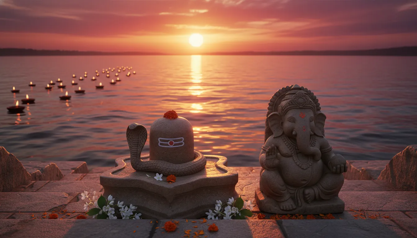 Cinematic full hd images of shivling with ganesha on the banks of a sacred river during a golden sunset.