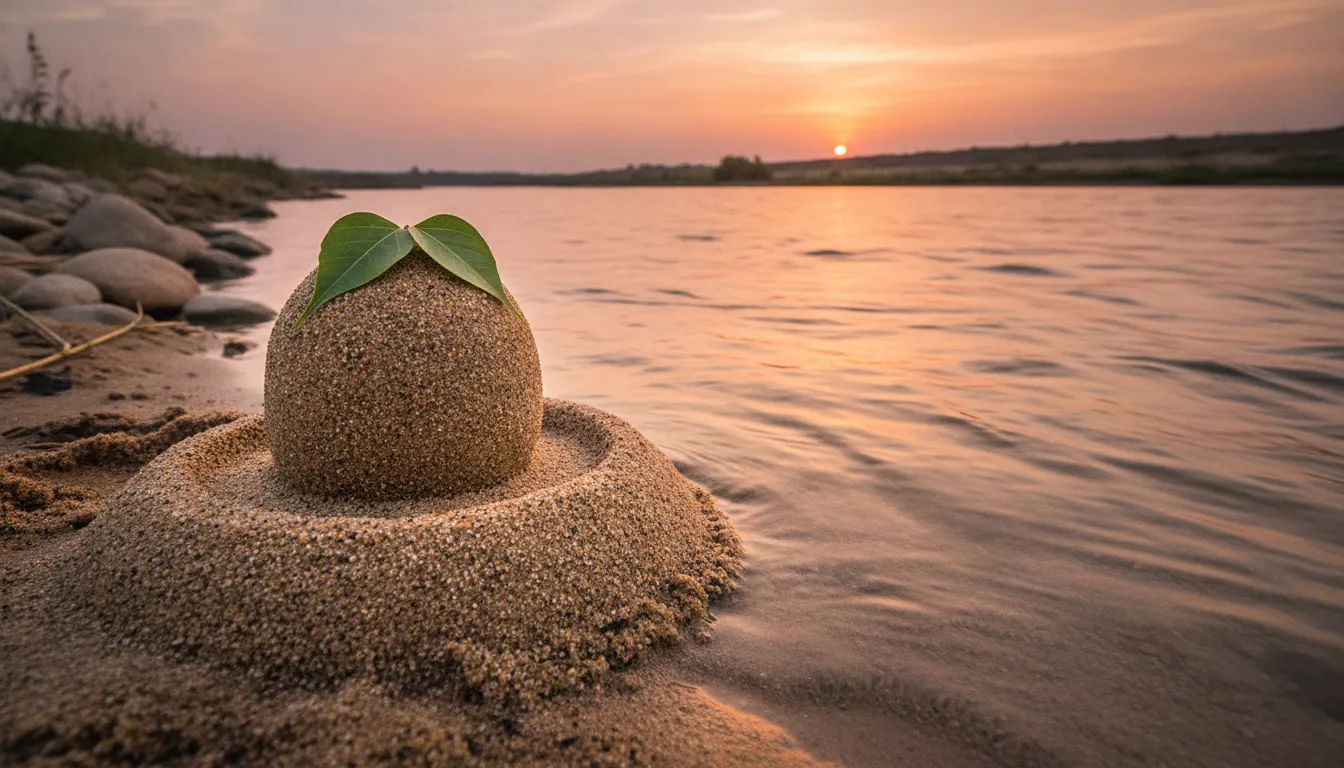 A beautifully sculpted sand image of shivling with bilva patra sitting on the holy banks of a flowing river during sunset.