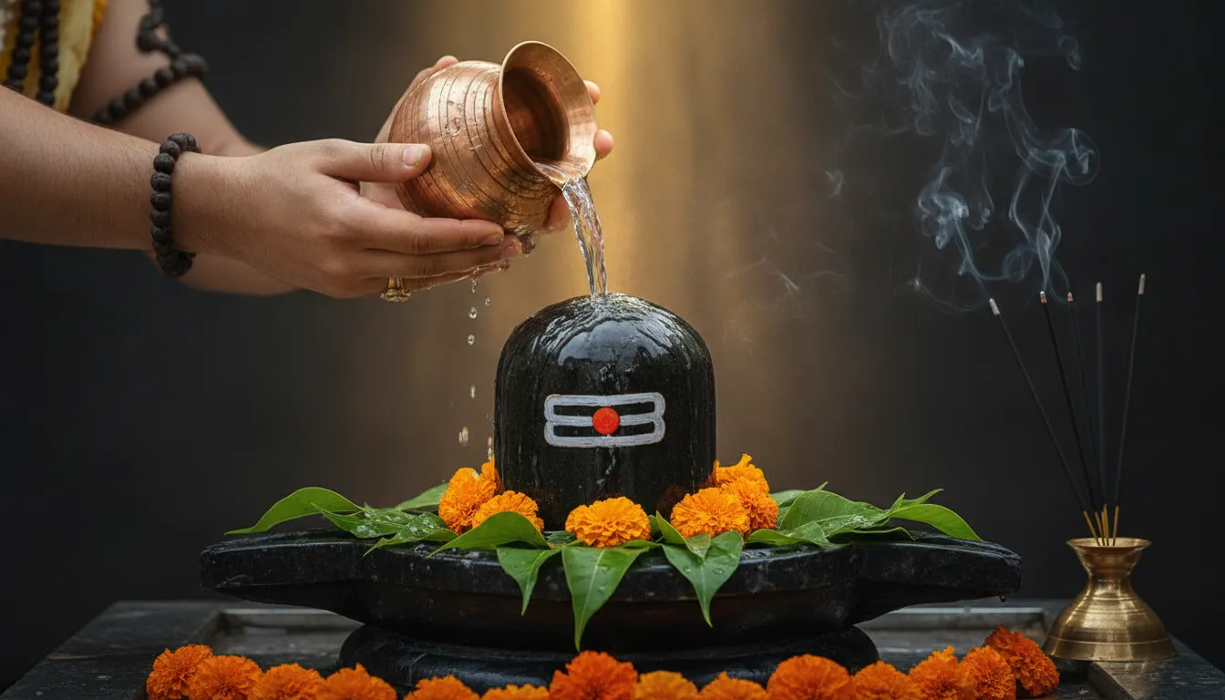 Lord Shiv Shankar performing dynamic water pouring ritual on a black marble Shivling with glowing rays.
