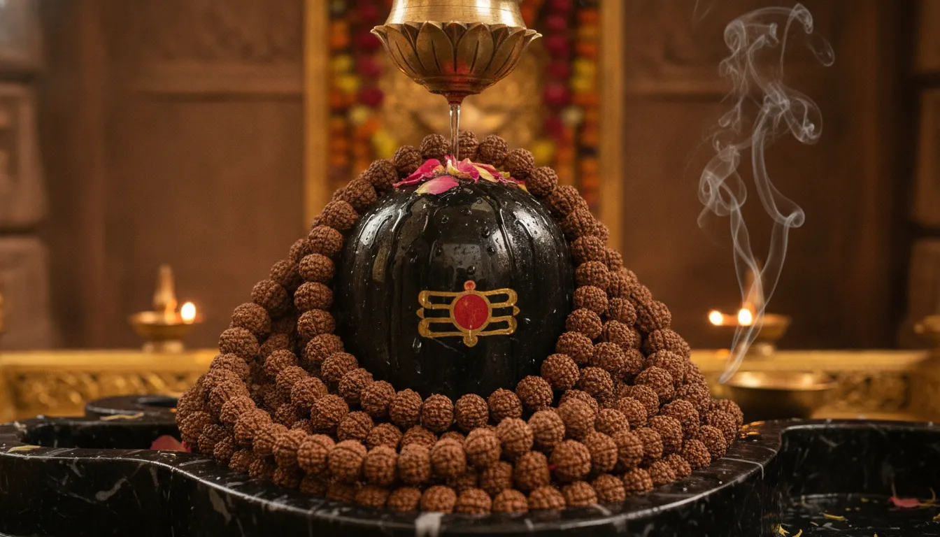 Close up view of a black marble Shivling wrapped in authentic Rudraksha beads