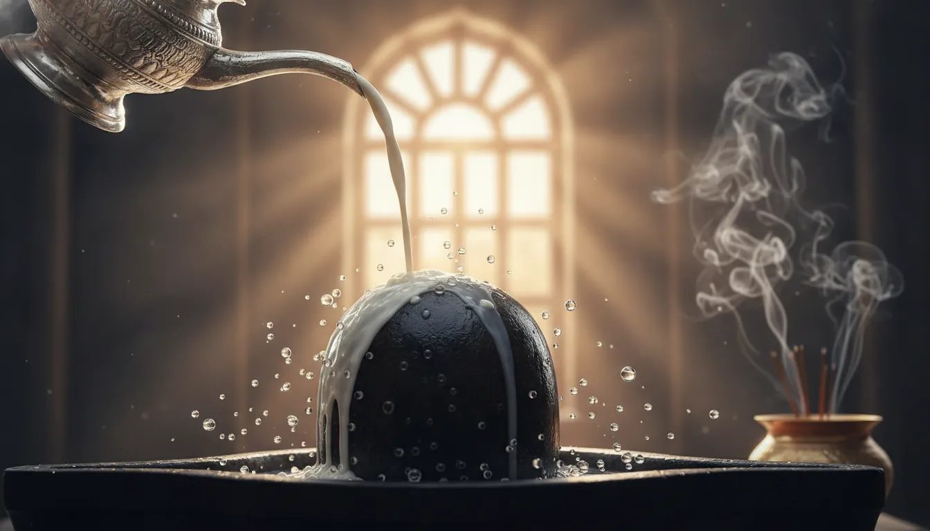 Pure milk and holy water being poured over the sacred Rameshwaram shivling during morning prayers.