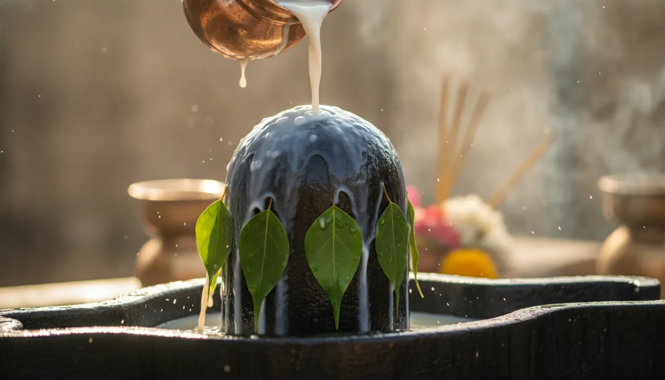 Milk and holy water pouring smoothly over a dark stone Shivling during morning prayers.