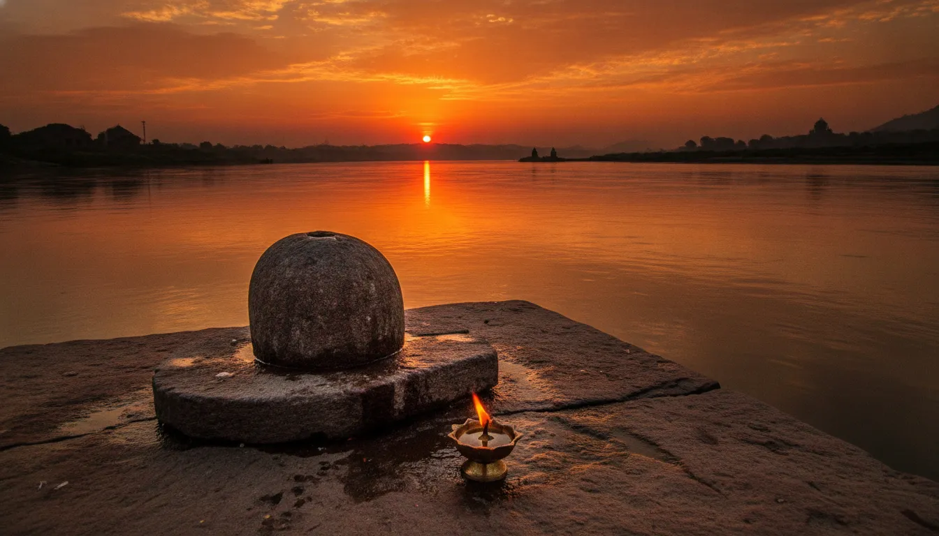 Stone Shivling on the banks of a sacred river during a dramatic golden sunset.