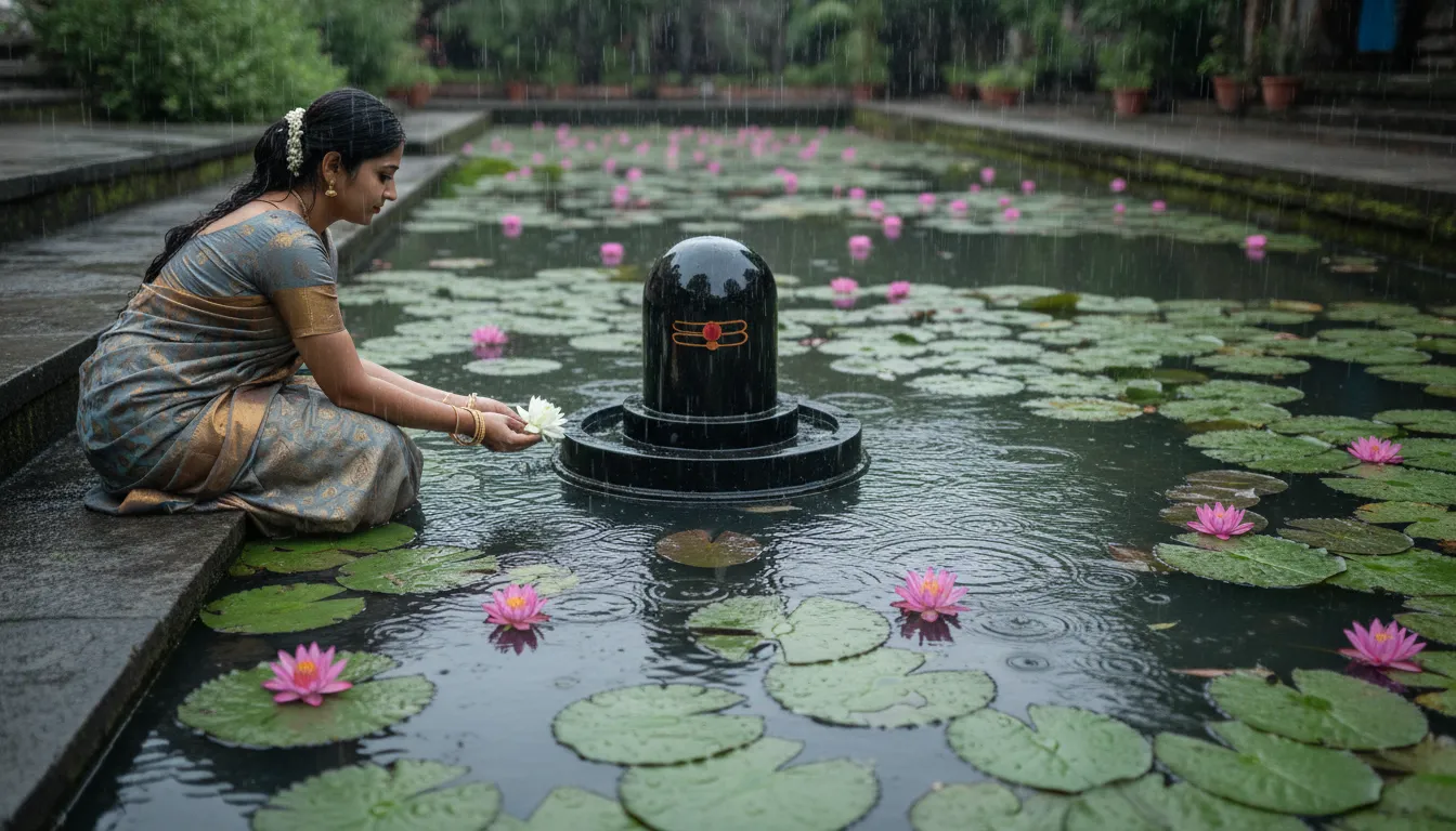 A serene image of shivling in water with a person holding a lotus flower during a gentle rain.