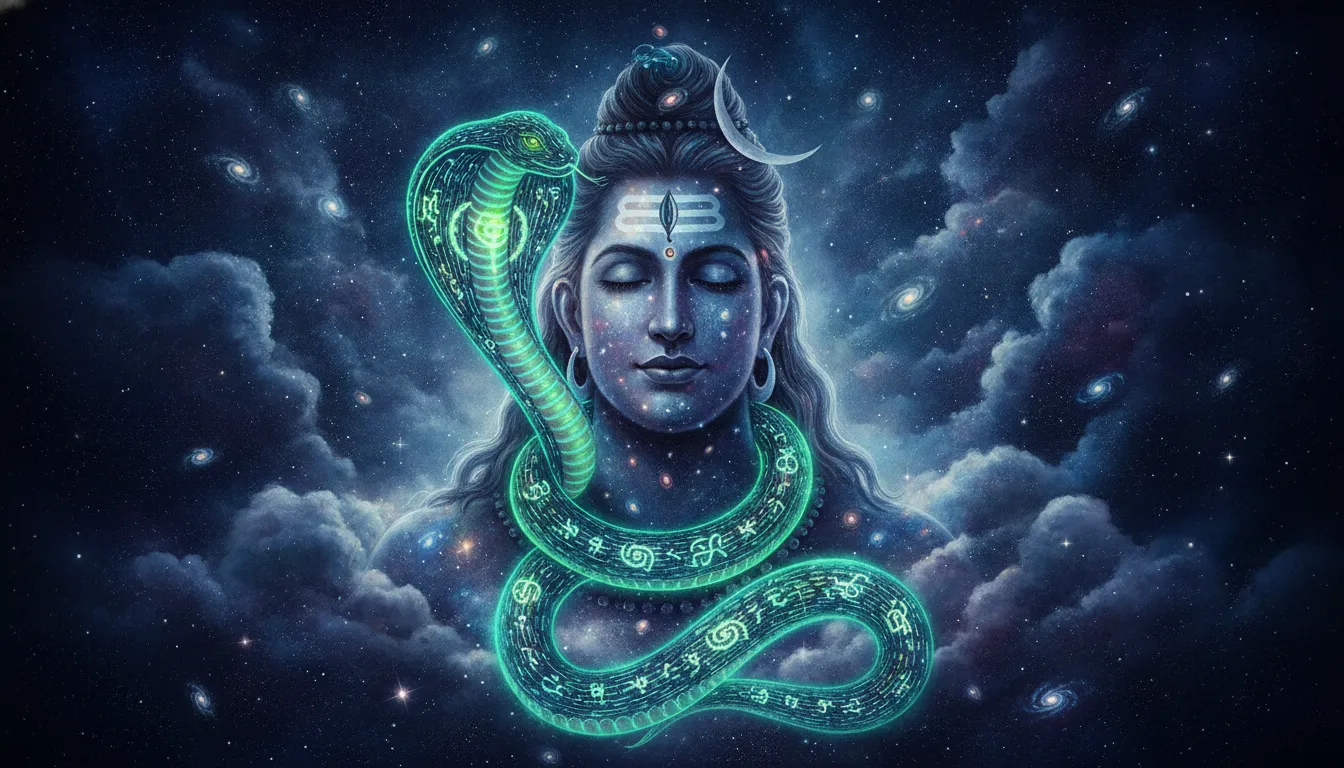 The sacred snake Vasuki around Lord Shiva's neck glowing with neon green and turquoise cosmic dust.