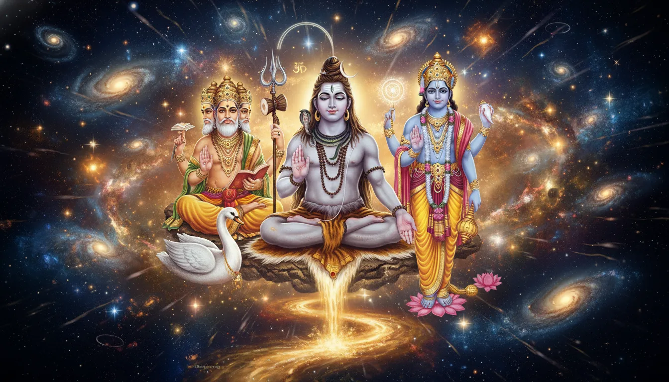 Lord Brahma Lord Vishnu and Lord Shiva standing together in high-definition digital art.