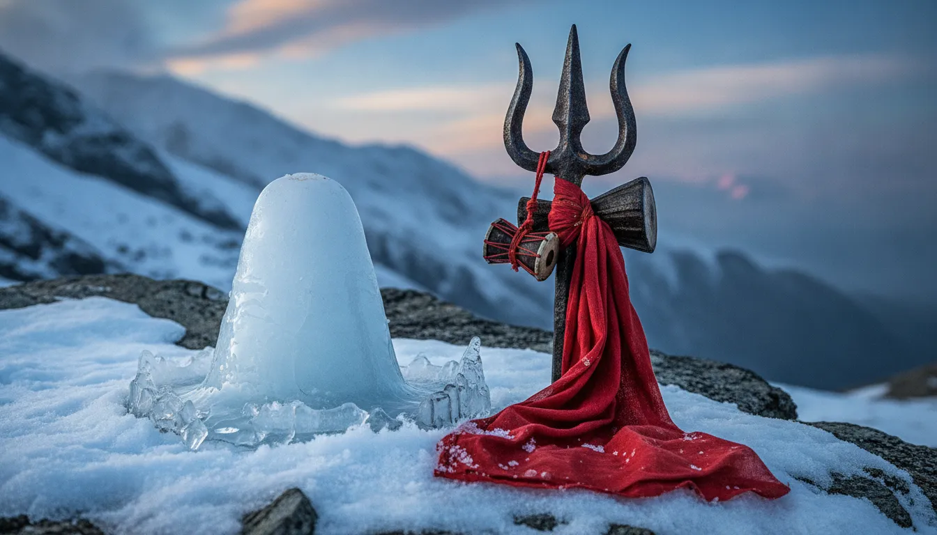 Famous white shivling of ice images featuring a traditional metallic Trishul placed near the frozen shrine.
