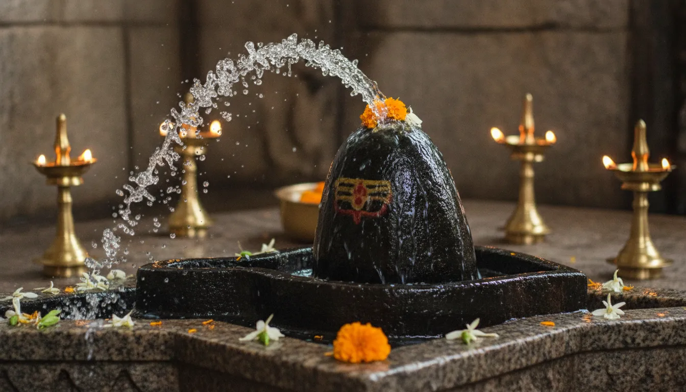 Kedarnath shivling hd images showing traditional milk and water offering ritual close-up.