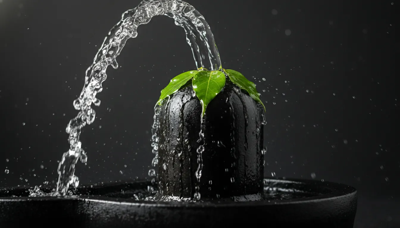 HD black shivling with fresh bilva leaves during water abhishekam.