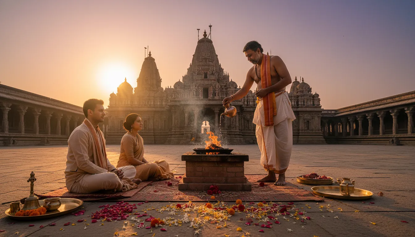 Ritual purification ceremony with water and fire in an open temple courtyard.