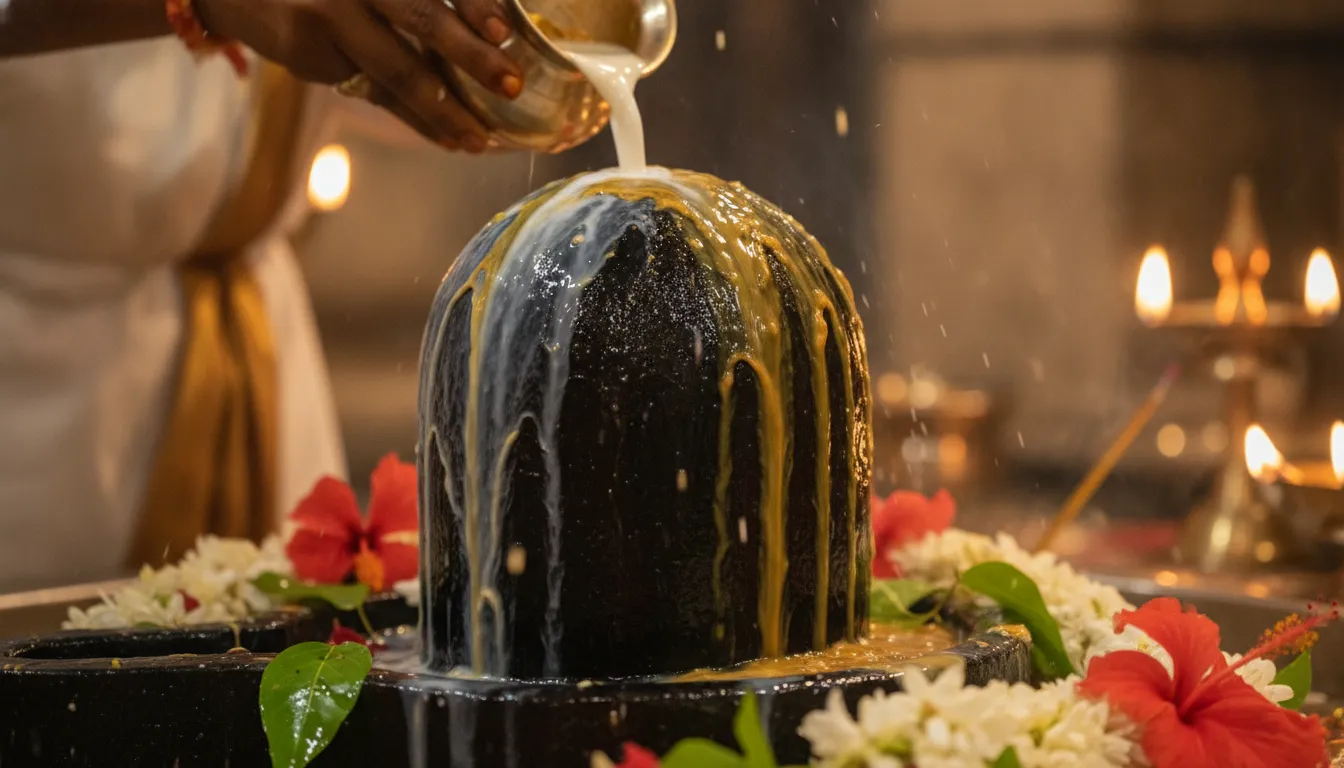 Macro photograph showing water and milk being poured onto the Singheshwar Mandir Shivling during a ritual Abhishek.