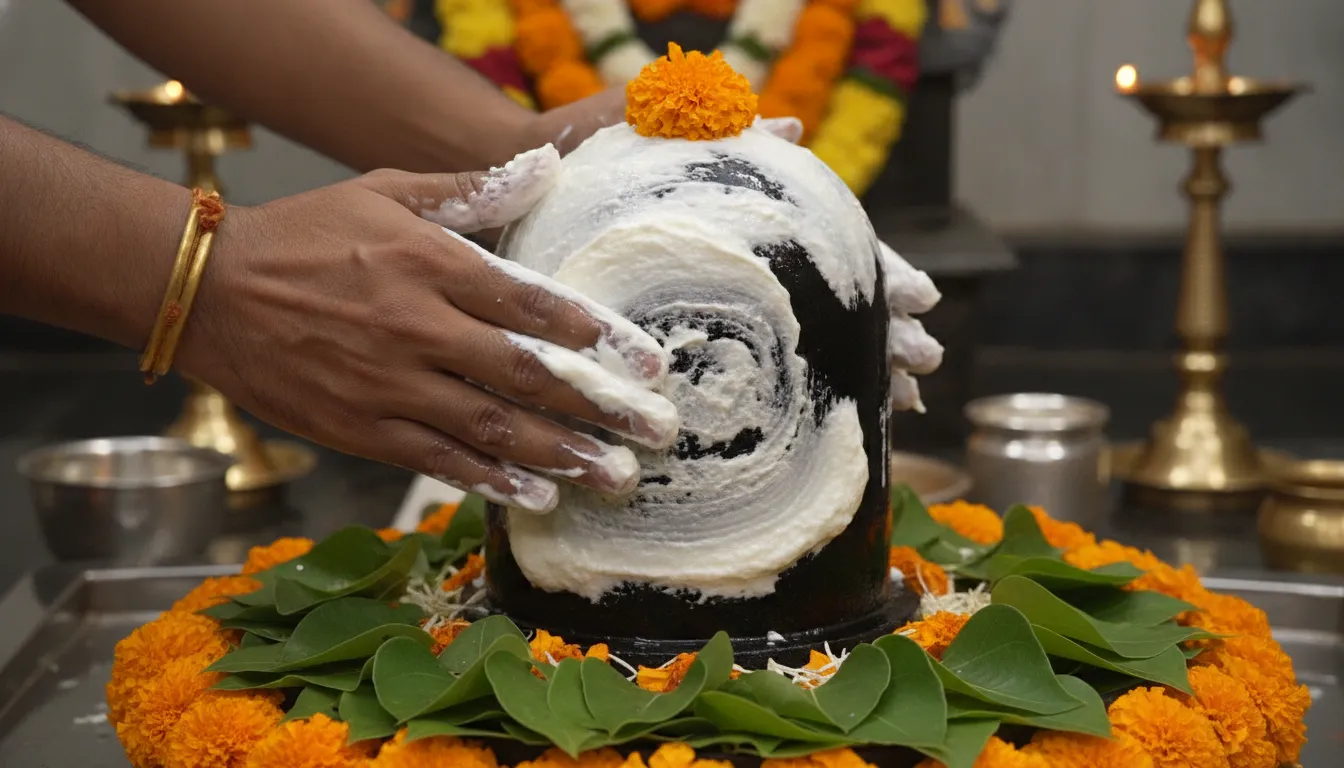 Thick white curd or yogurt being applied carefully to a sacred Shiva Lingam by a priest.