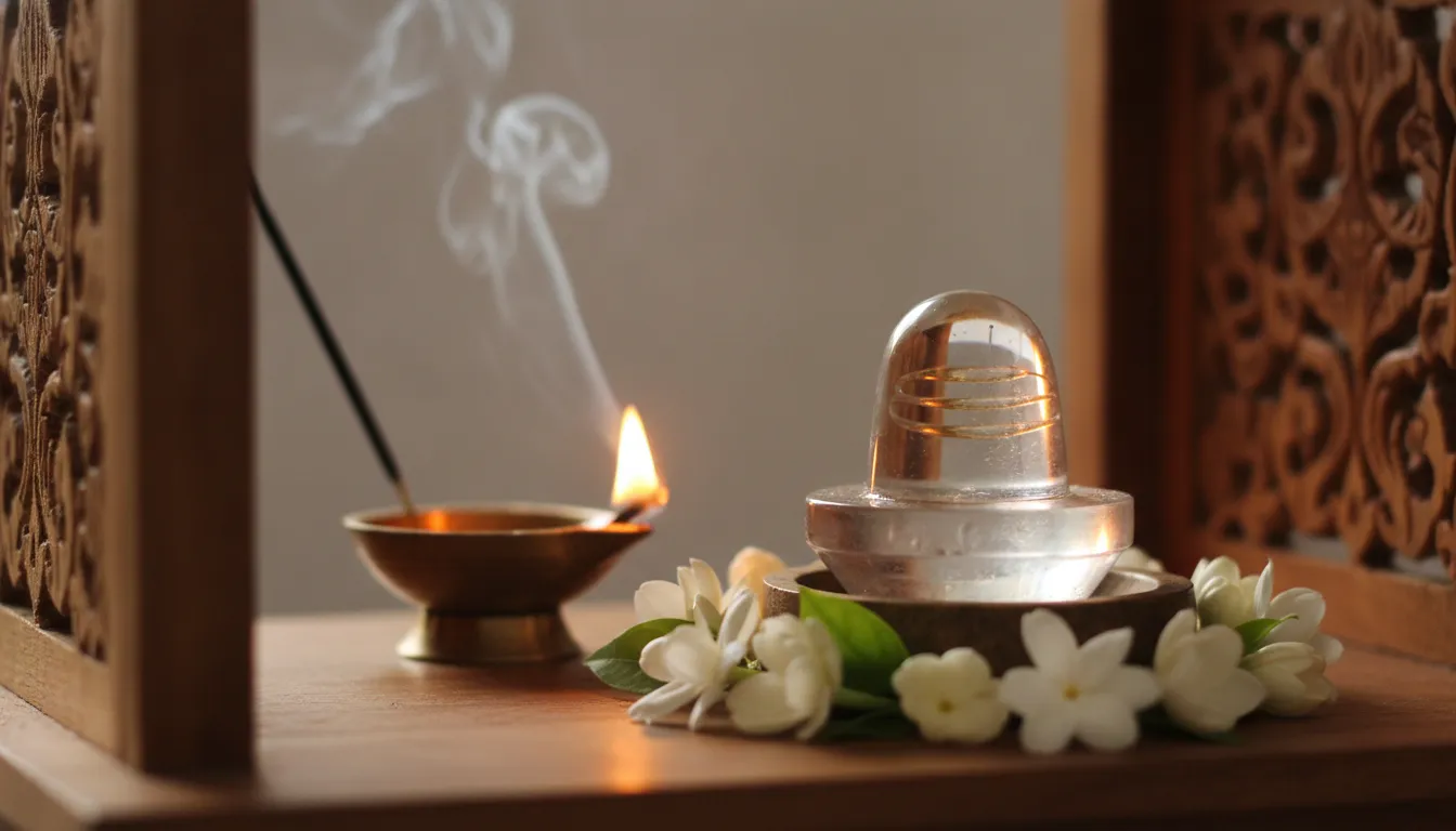 Sphatik shivling placed in a home temple with lit oil lamp