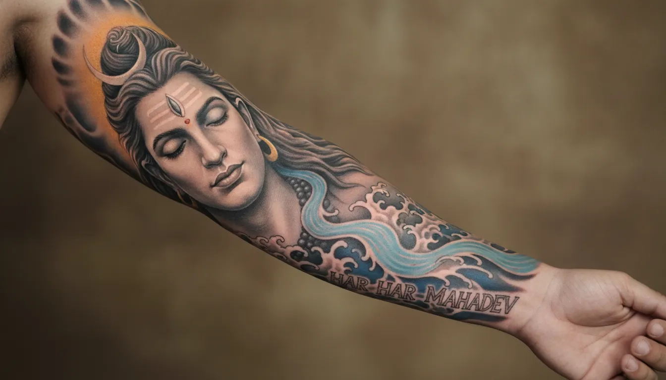 Hyper-realistic portrait tattoo of Lord Shiva with Har Har Mahadev text on full sleeve.