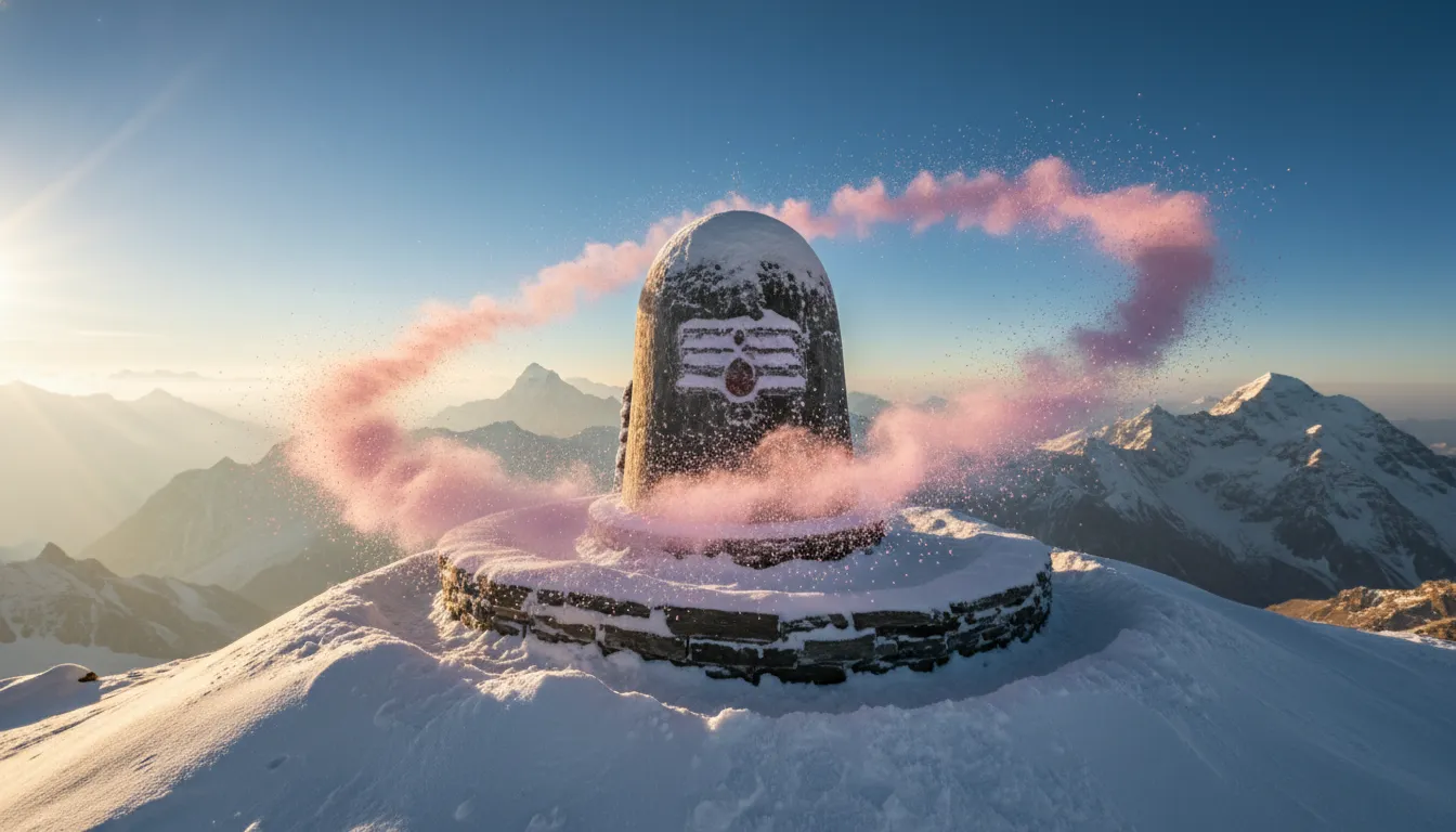 Lord Shivling HD image in snow mountains with soft pink gulaal animation floating.