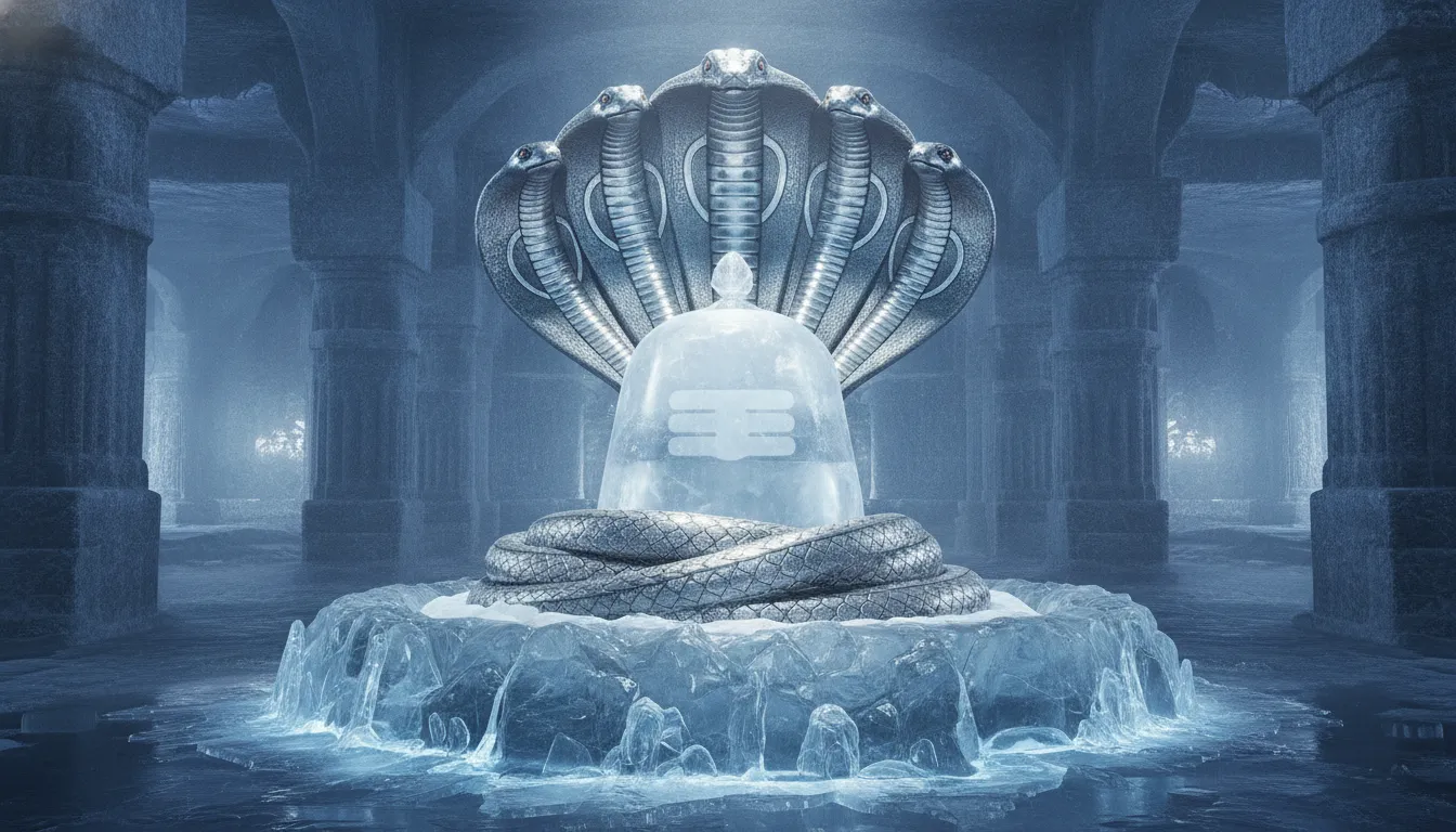 A majestic ice shivling sheltered beneath a beautifully detailed five-headed silver Sheshnaag snake canopy.