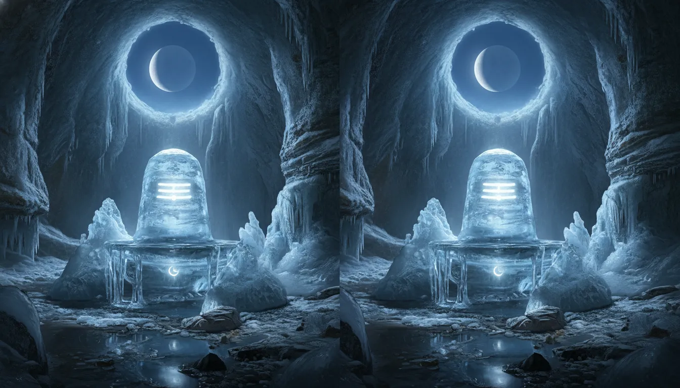 Side-by-side comparison of an ice Shivling growing during the waxing moon and shrinking during the waning moon.