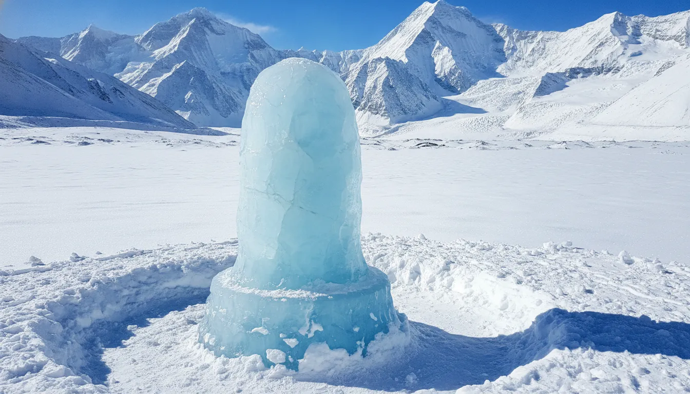 A divine ice shivling positioned against a beautiful backdrop of snowy Himalayan mountain peaks.