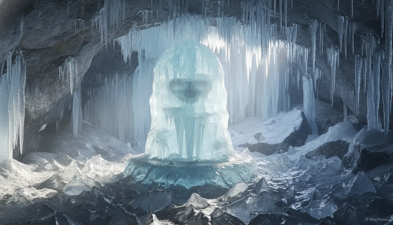 Natural ice Shivling formed inside a snow-covered Himalayan cave