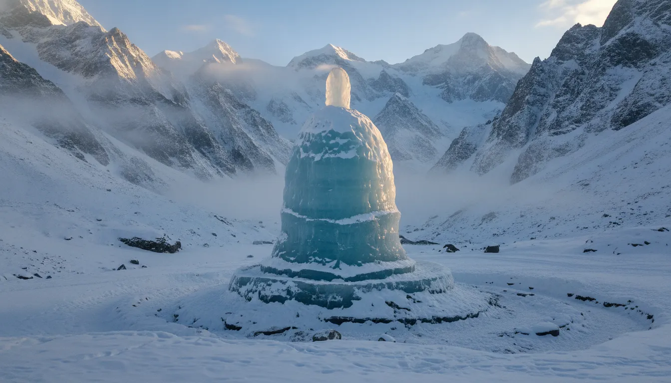 Full hd images of shivling made of natural ice surrounded by snow-covered Himalayan mountain peaks under a clear blue sky.