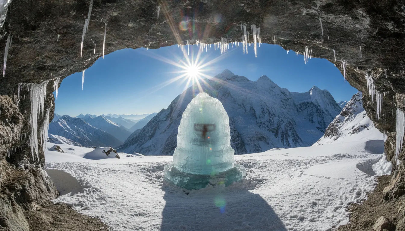 A majestic ice image of shivling hd naturally formed amidst the snowy peaks of Mt Kailash under a clear blue sky.