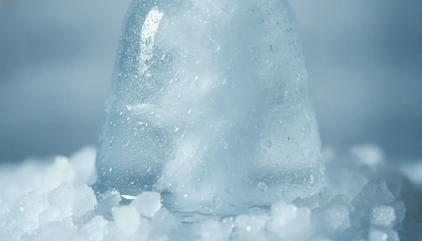 A close-up view of an ice shivling with glistening frozen water droplets clinging to its cold glossy surface.