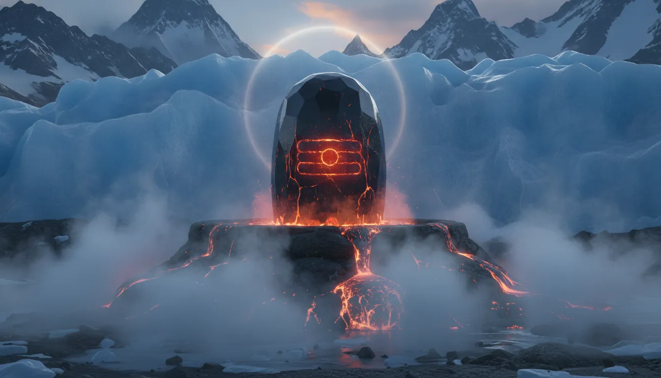 Mahakal Shivling locked in a glacier while glowing with internal hungry fire.