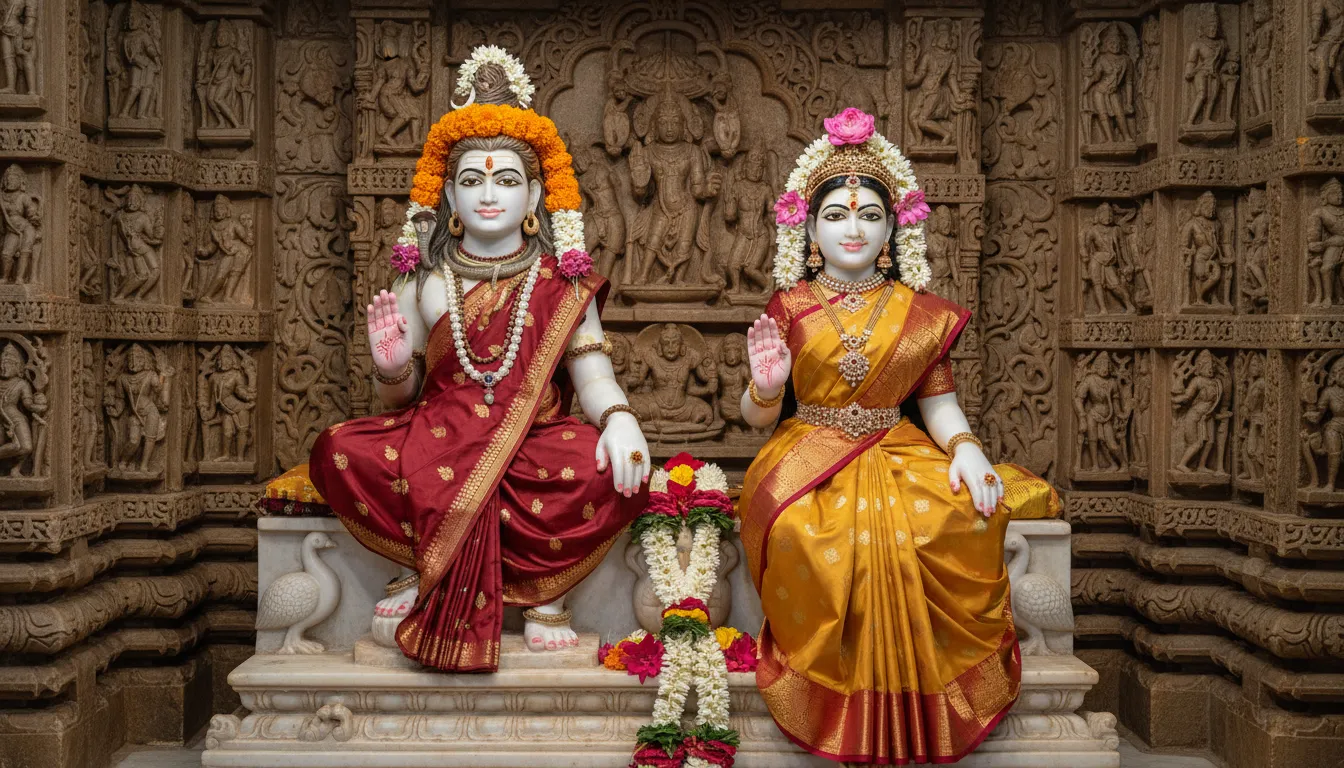 Beautiful ancient marble idols of Shiv and Parvati seated together inside Sudh Mahadev.