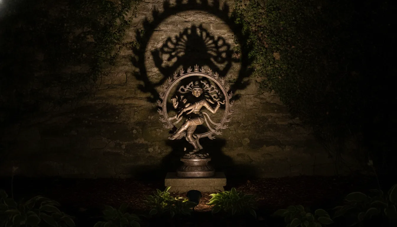 A bronze Nataraja statue dramatically lit from below by warm LED spotlights in a dark evening garden setting.