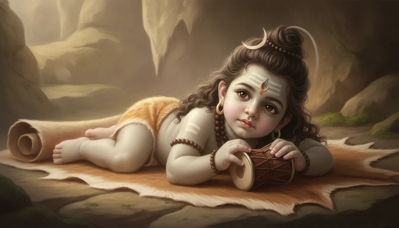 An infant version of Lord Shiva holding a small musical damru while lying inside a peaceful cave.