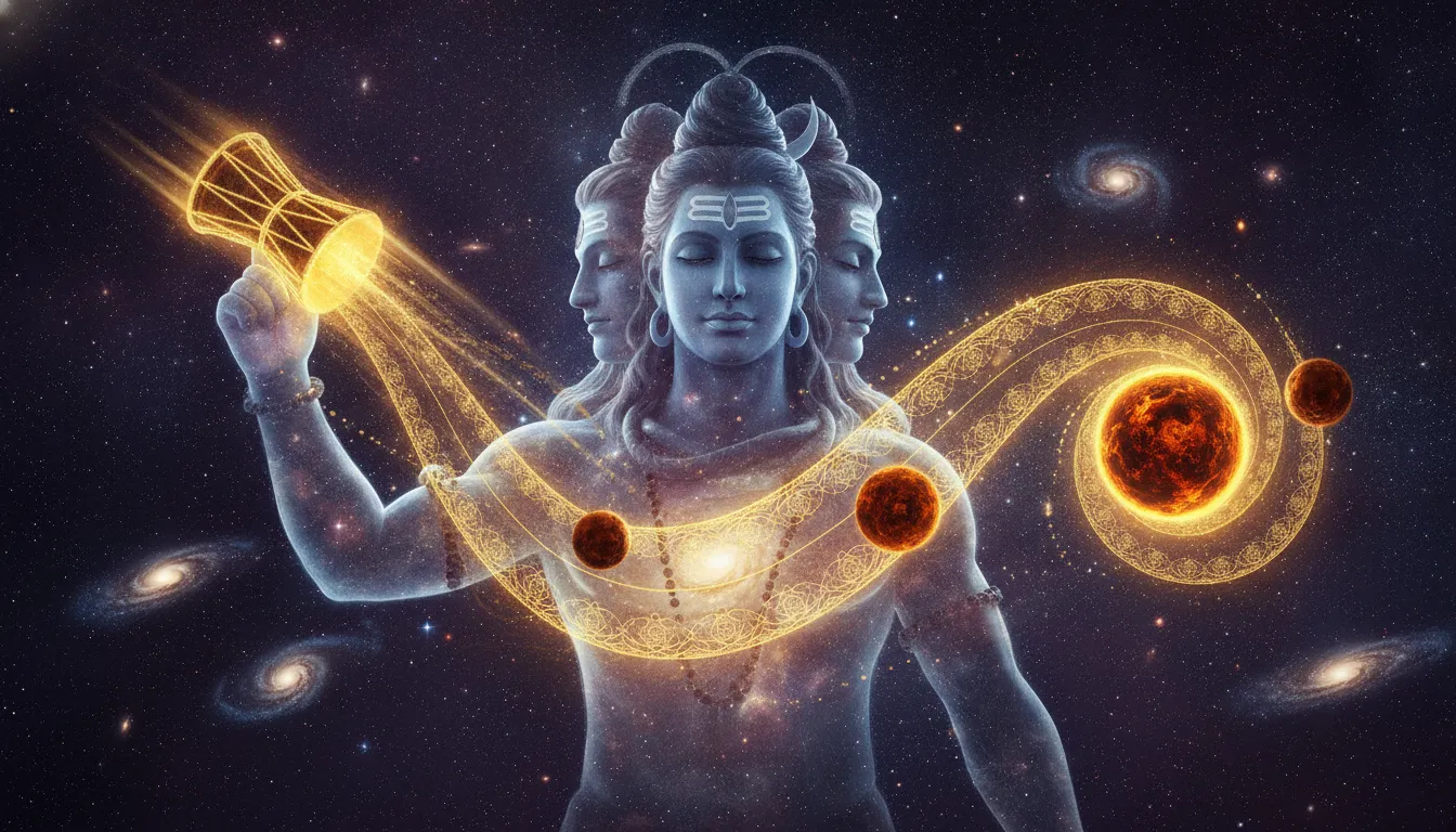 Lord Shiva holding a glowing Damru drum that sends cosmic sound waves through galaxies.