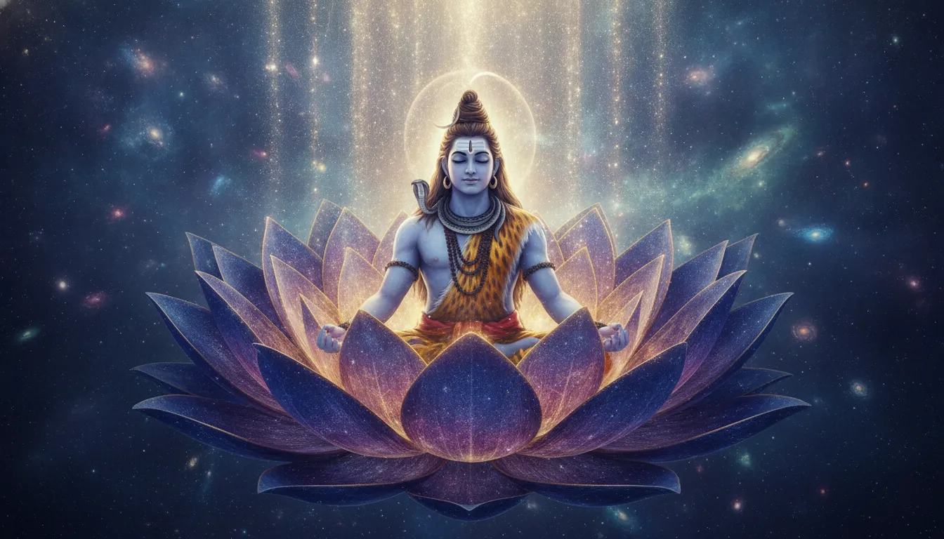 Detailed spiritual art of Shiva and Parvati meditating with a multi-layered cosmic lotus aura radiating peace