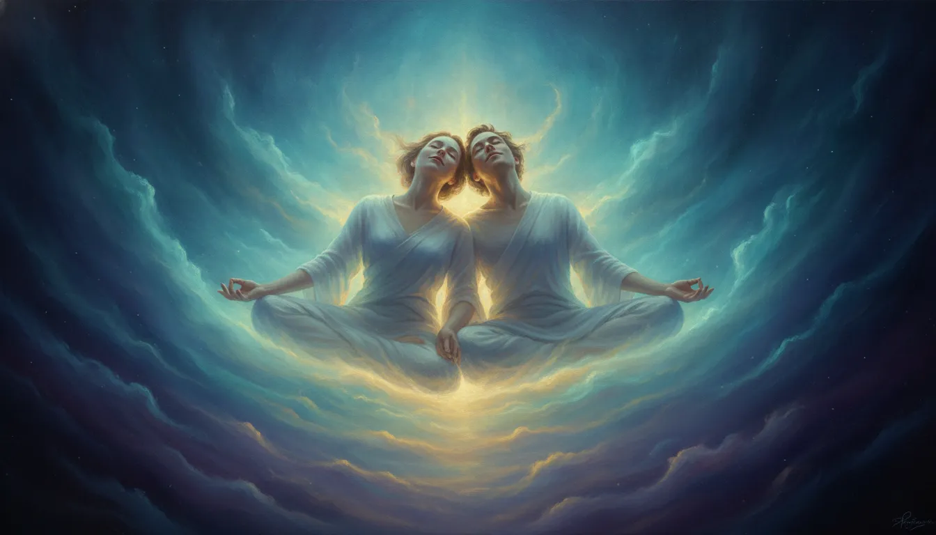 Divine couple in a serene pose surrounded by a soft golden and teal neon mist.